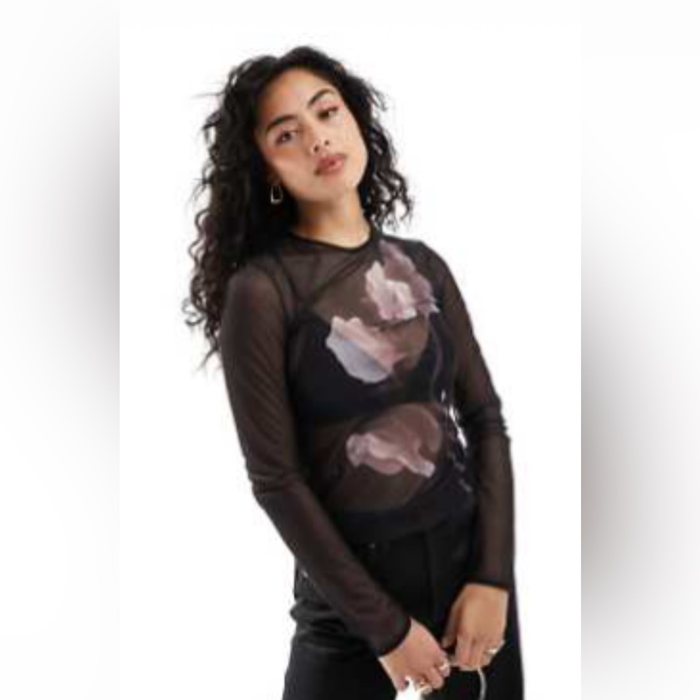 & Other Stories Black Sheer Top with Floral Accents